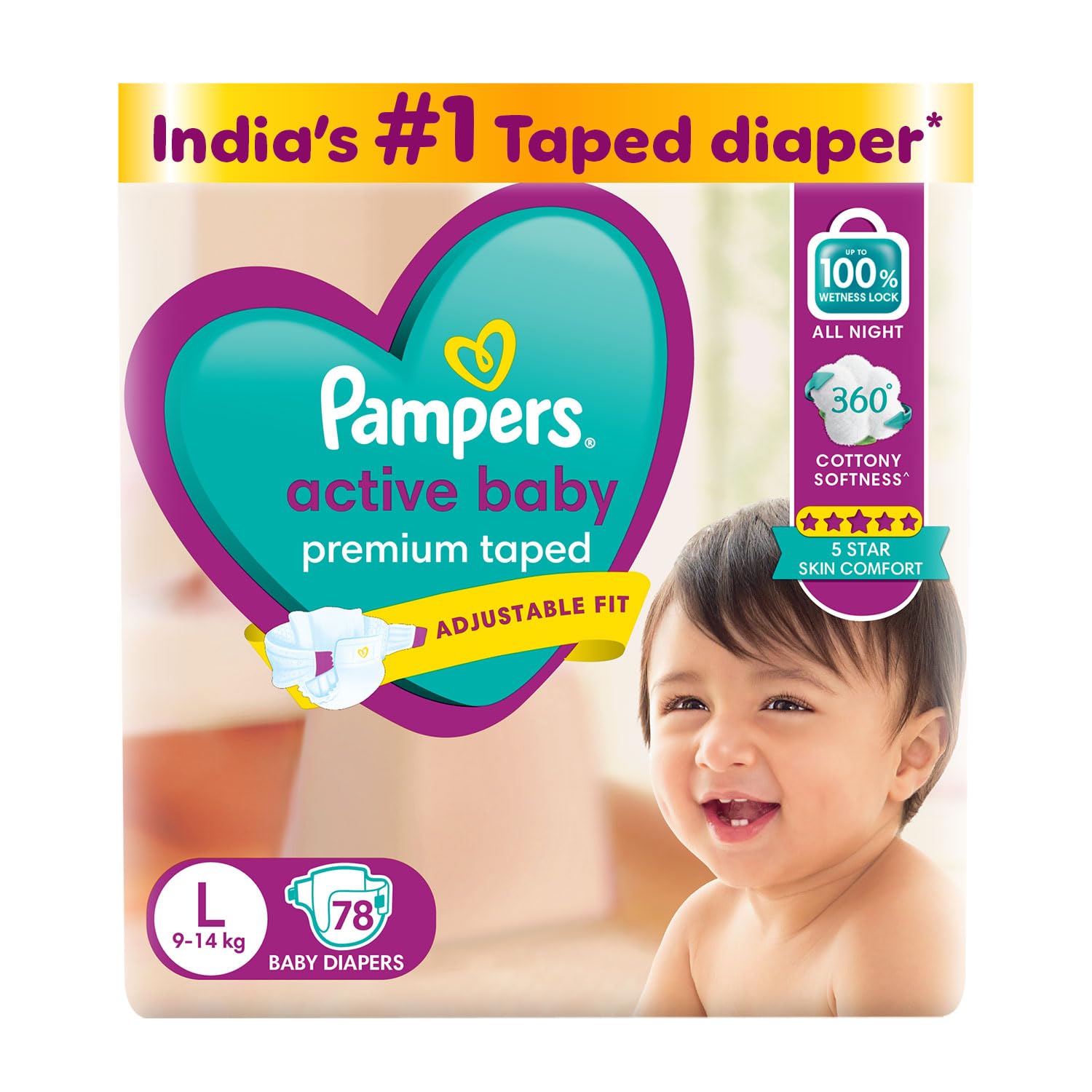 Pampers Active baby Tape Style Baby Diapers, Large (L), 78 Count, 9-14kg, Adjustable Fit with 5 Star Skin Protection Diapers