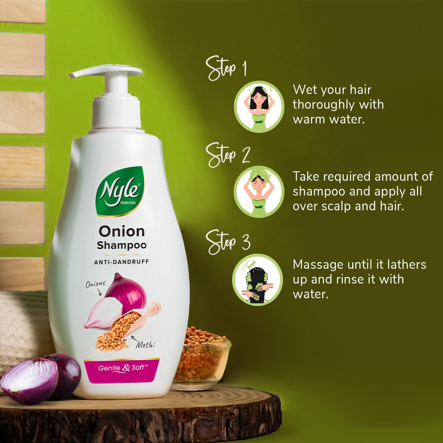 Nyle Naturals Onion and Methi Anti-Dandruff Shampoo | Stronger Roots & Reduces Hair Breakage | Gentle & Soft Formula | Controls Thinning, Nourishes Scalp – 1000 ml