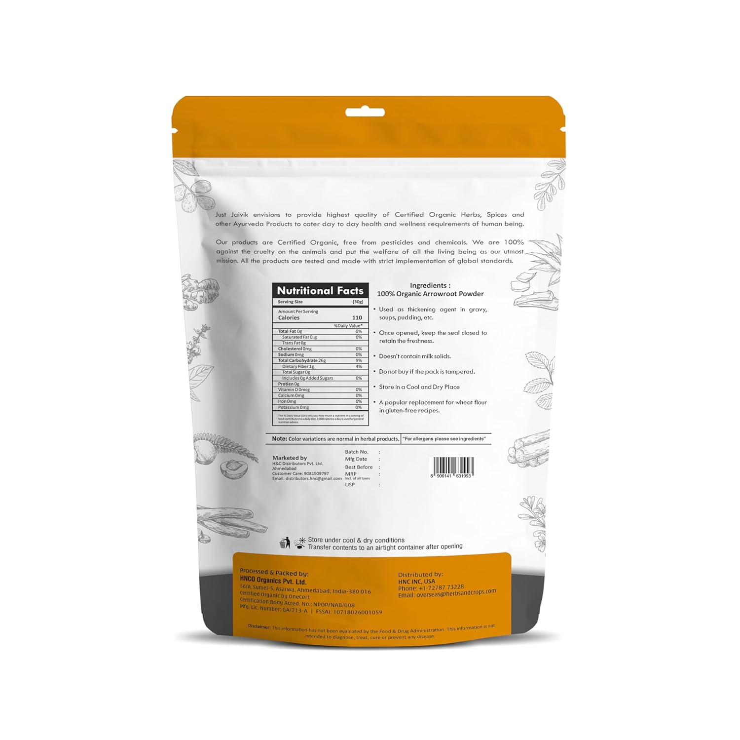 ust Jaivik Organic Arrowroot Powder 227g | Natural thickener and Pure Starch Extract for improved digestion, Gluten-Free, No Added Preservatives | Ararot Powder for Cooking, Gravy, Soups, Puddings, Bread & More