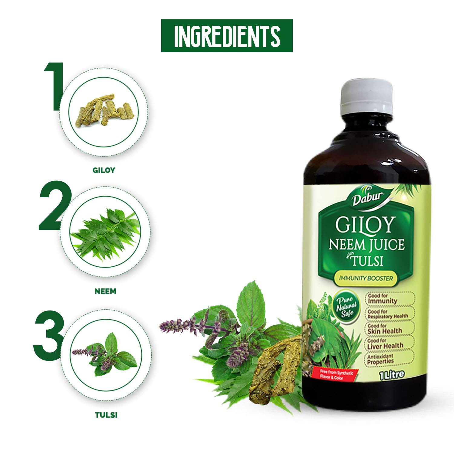 Dabur Giloy Neem Tulsi Juice: Benefit of 3-in-1 Immunity Boosters with the power of Giloy, Neem and Tulsi|Pure, Natural and 100% Ayurvedic Juice -1L