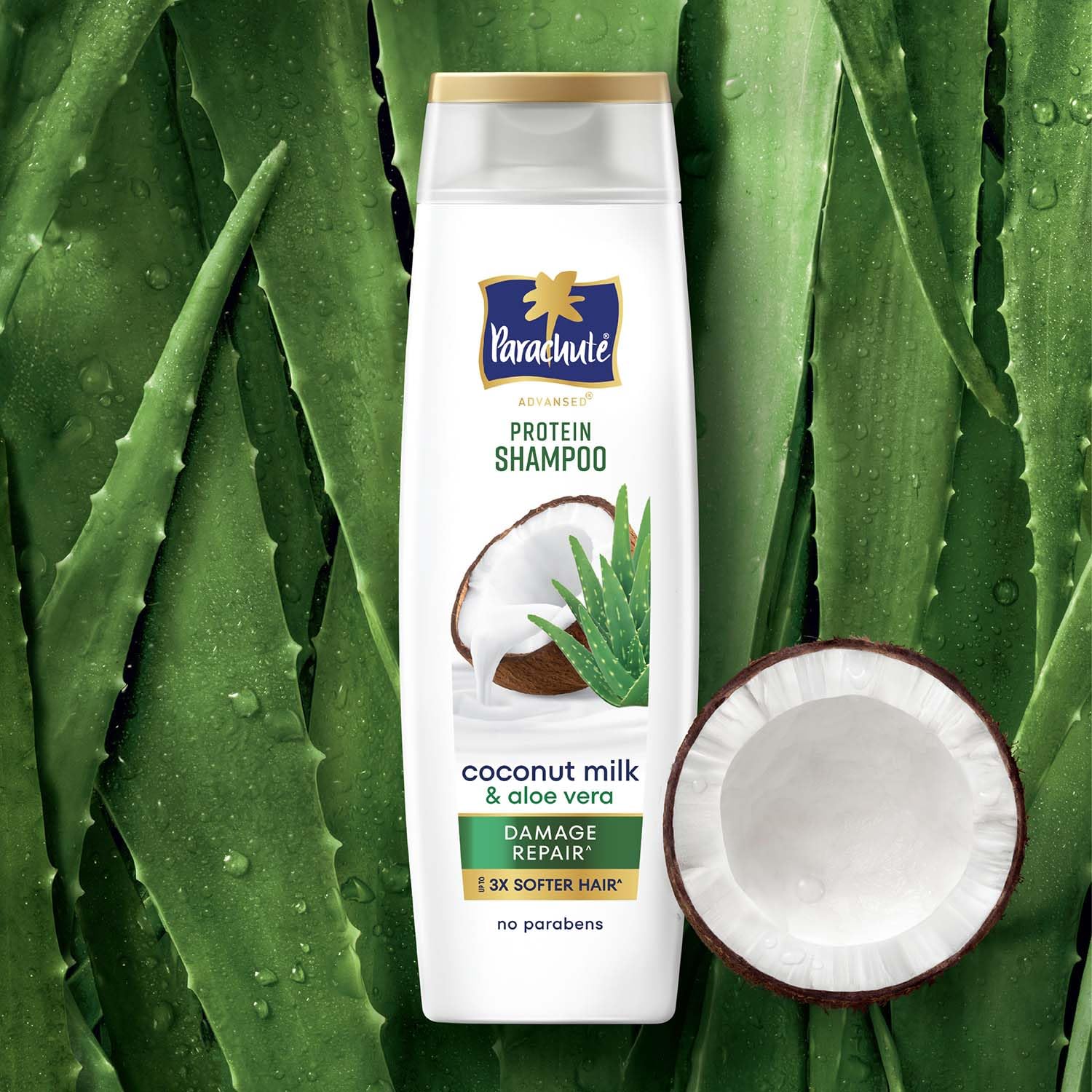Parachute Advansed Protein Shampoo | with Coconut Milk and Aloe Vera | For up to 100% Damage Repair & up to 3X Softer Hair | Protein Lock Technology | Paraben-Free | For Men & Women | 340ml