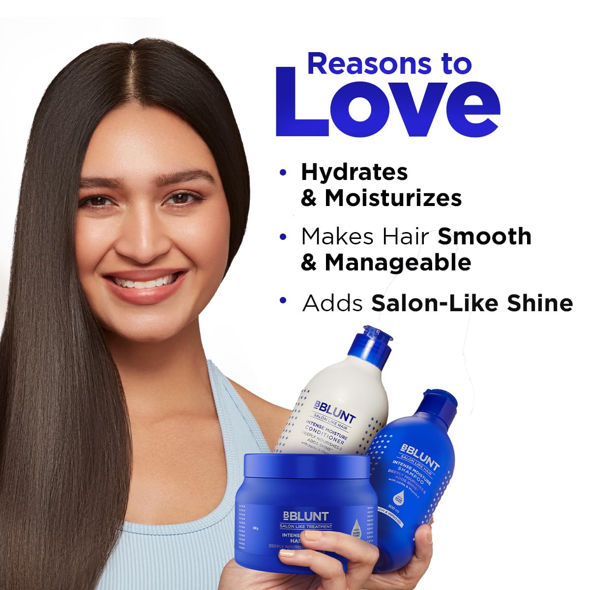 Bblunt Intense Moisture Hair Combo | Shampoo + Conditioner + Hair Mask | Moisturizes & Hydrates | Deeply Nourishes | Adds Salon-Like Shine | For Men & Women | 300 ml + 250 g + 250 g