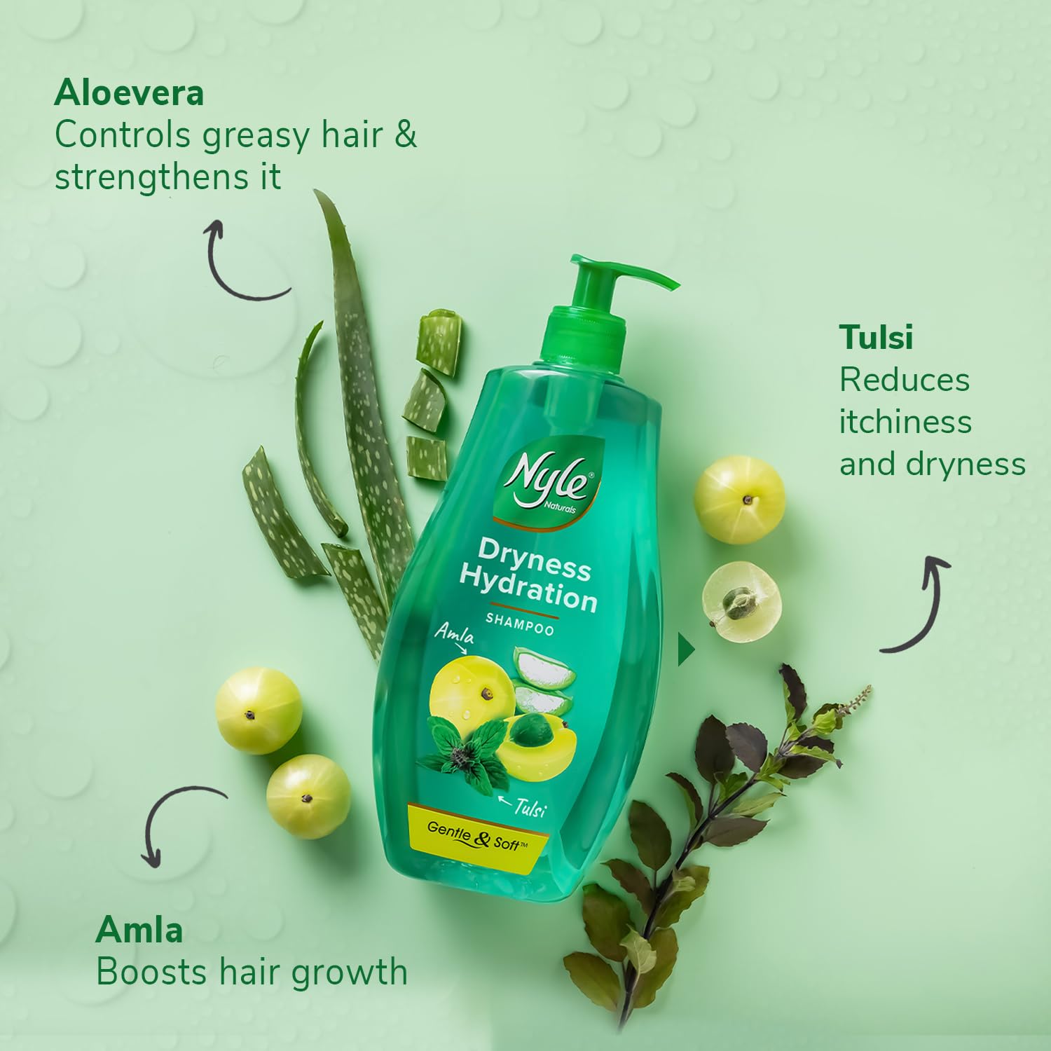 Nyle Naturals Dryness Hydration Shampoo, with Tulsi, Amla and Aloe Vera, Gentle & Soft Shampoo, pH Balanced and Paraben Free, For Men & Women, 800ml
