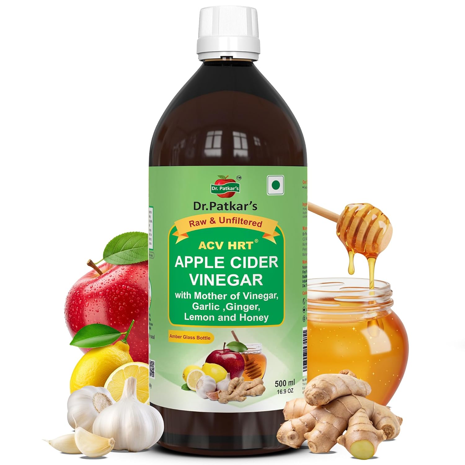 Dr. Patkar's - Apple Cider Vinegar with Ginger, Garlic, Lemon, & Honey| Amber Glass Bottle | (500ml) | Raw & Unfiltered for Support Heart Health, Weight, Immunity & Digestion Management