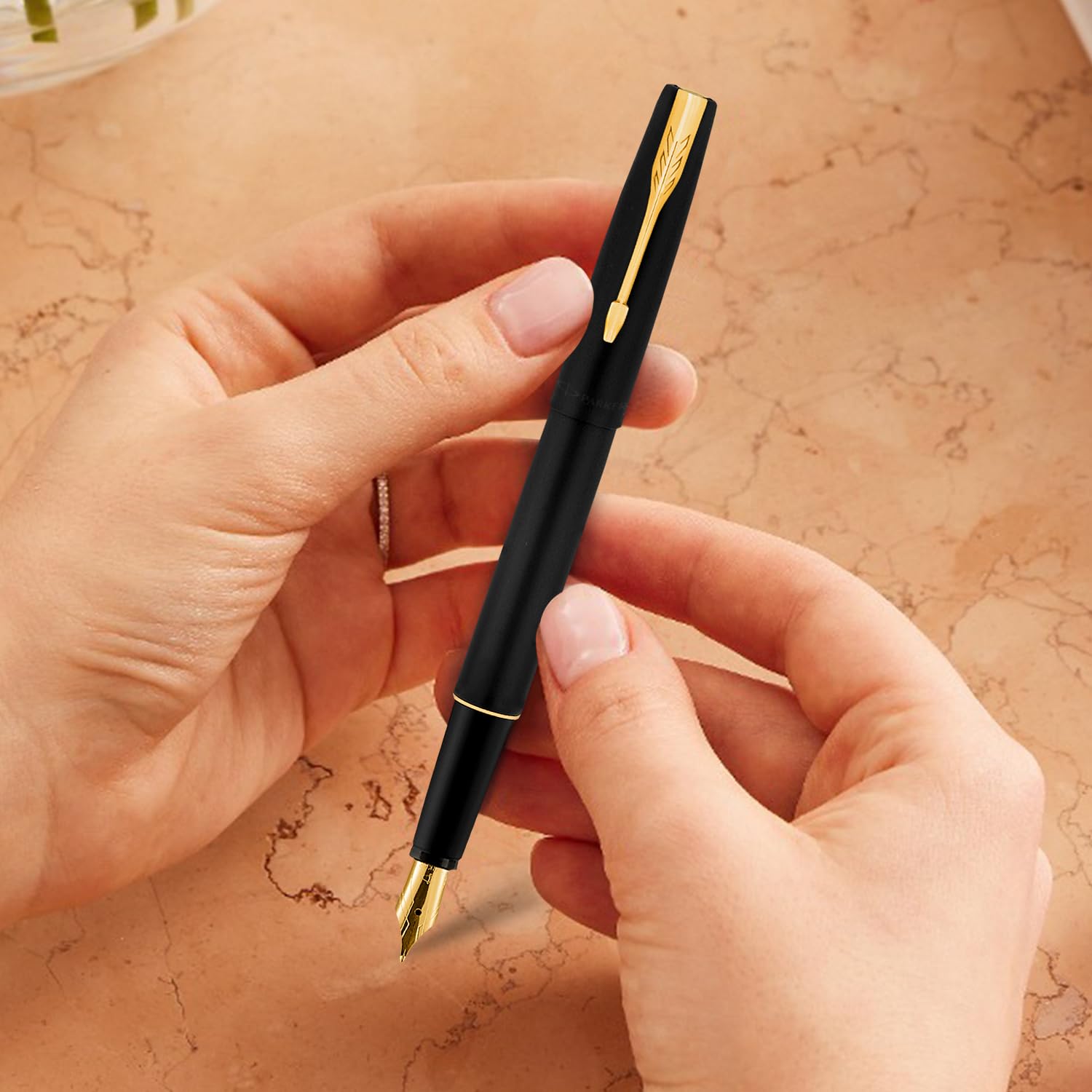 Parker Frontier Fountain Pen | Matte Black Body with Gold Trim | Blue Color Ink | Refillable Fine Nib Pen for Smooth Writing | A Premium Writing Experience for Everyone