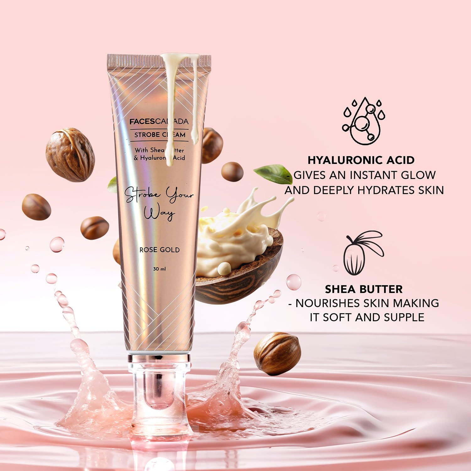 FACESCANADA Strobe Cream - Gold, 30ml | Primer + Highlighter + Moisturizer | Shea Butter & Hyaluronic Acid | Intense Hydration | Flawless Radiant Dewy Skin | Illuminating & Glowing Makeup Base