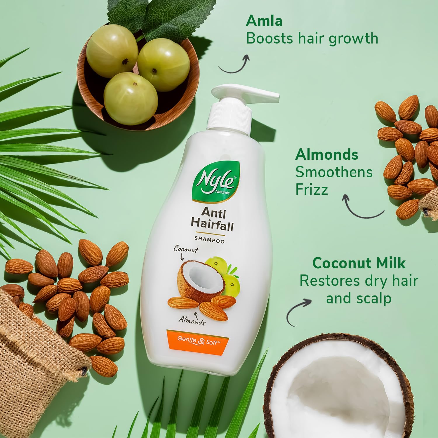 Nyle Naturals Anti-Hairfall Shampoo | For Hairfall Control | With Coconut Milk, Badam and Amla |Gentle & Soft Shampoo For Men & Women |800ml