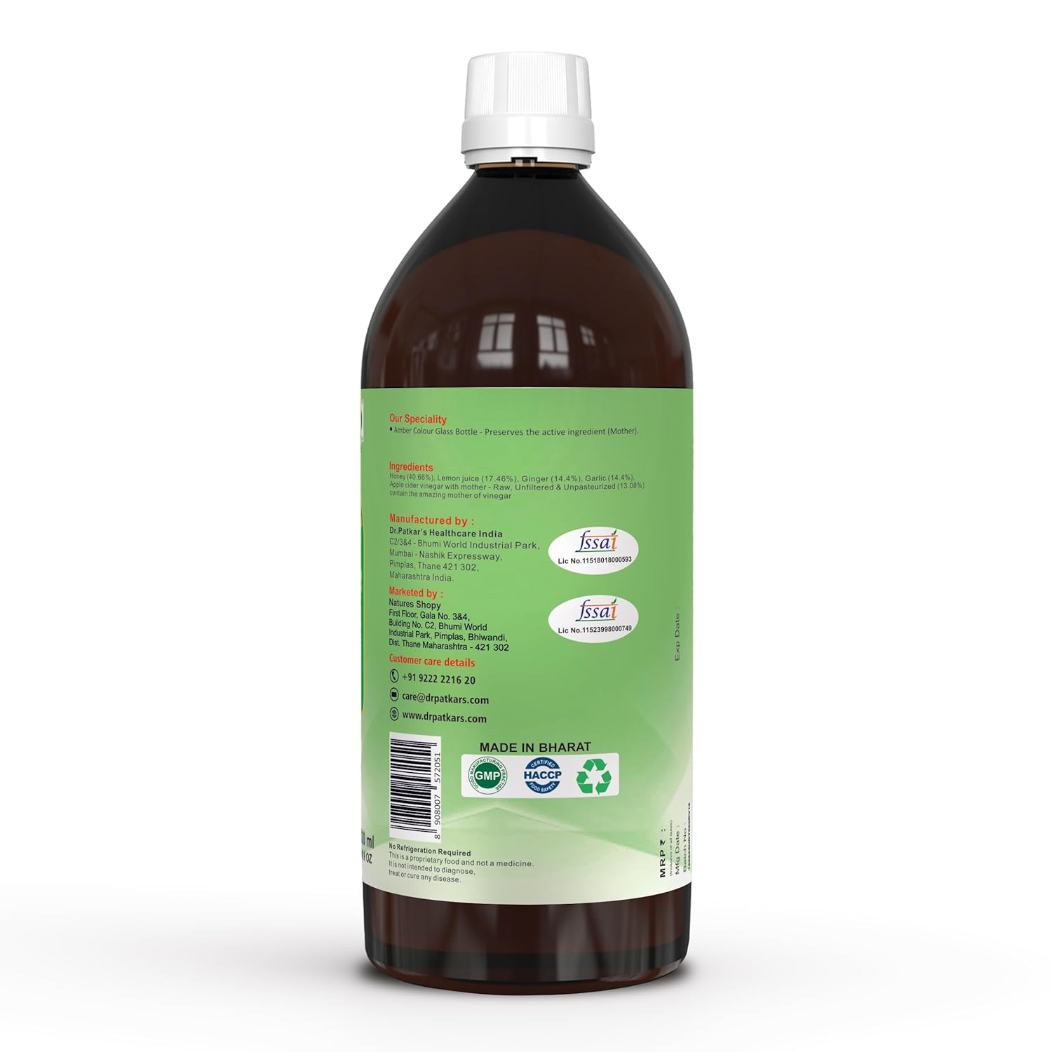 Dr. Patkar's - Apple Cider Vinegar with Ginger, Garlic, Lemon, & Honey (2x500ml) | Raw & Unfiltered | For Weight, Immunity & Digestion Management | Apple Cider Vinegar for Skin, Hair, and Body Health