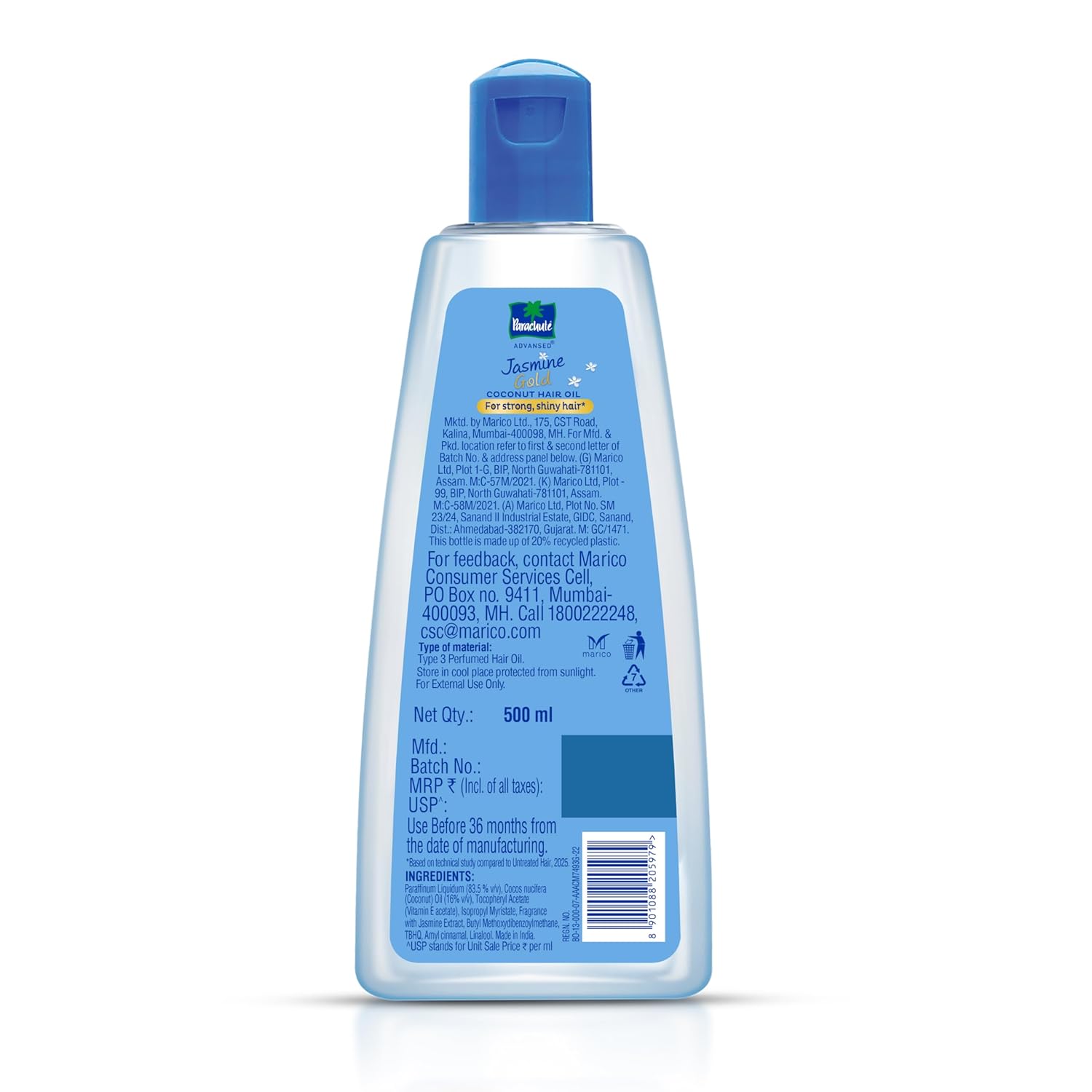 Parachute Advansed Jasmine Gold Coconut Hair Oil With Vitamin-E For Super Shiny Hair, Non-sticky, 500ml