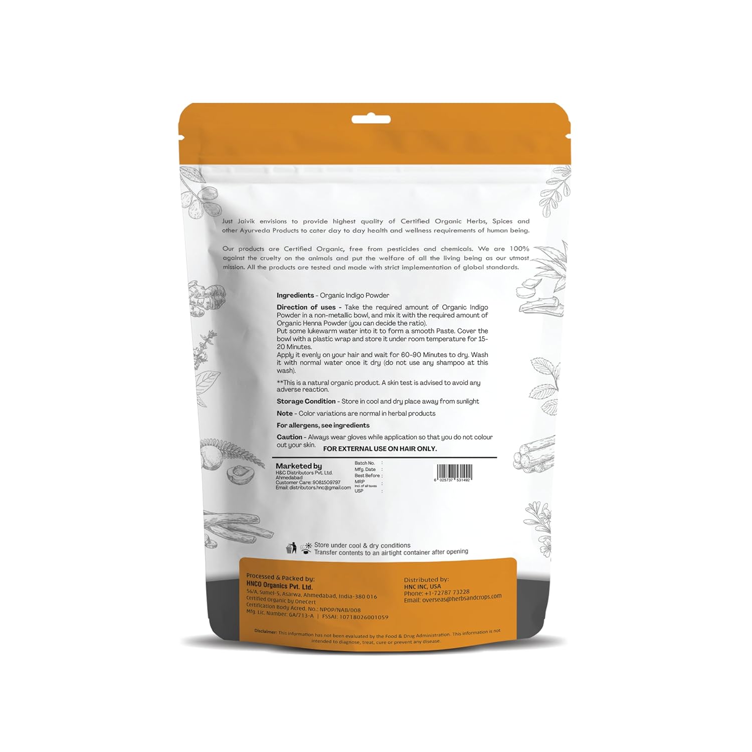 Just Jaivik Indigo Powder - Natural Hair Color | Chemical-Free Alternative to Synthetic Dyes, 227 g