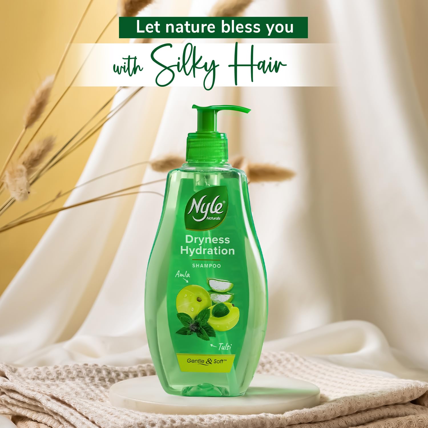 Nyle Naturals Dryness Hydration Shampoo, with Tulsi, Amla and Aloe Vera, Gentle & Soft Shampoo, pH Balanced and Paraben Free, For Men & Women, 1L