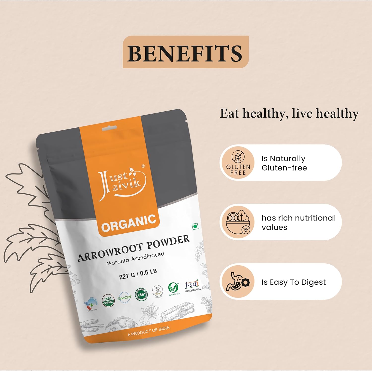 ust Jaivik Organic Arrowroot Powder 227g | Natural thickener and Pure Starch Extract for improved digestion, Gluten-Free, No Added Preservatives | Ararot Powder for Cooking, Gravy, Soups, Puddings, Bread & More