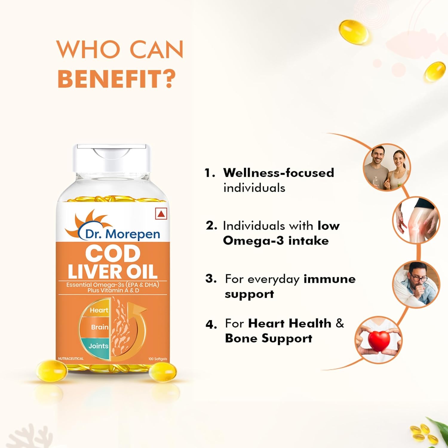 Dr. Morepen COD Liver Oil Capsules | Finest Natural Omega 3, EPA & DHA | Pack of 100 Softgels