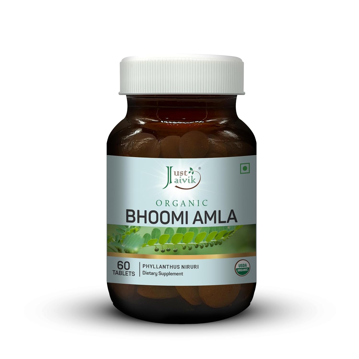 Just Jaivik Organic Bhoomi Amla Tablets - Pure Phyllanthus Niruri Herbal Supplement - 600mg, 60 Counts - USDA Certified Organic, Non-GMO & Vegan - Traditional Ayurvedic Herb