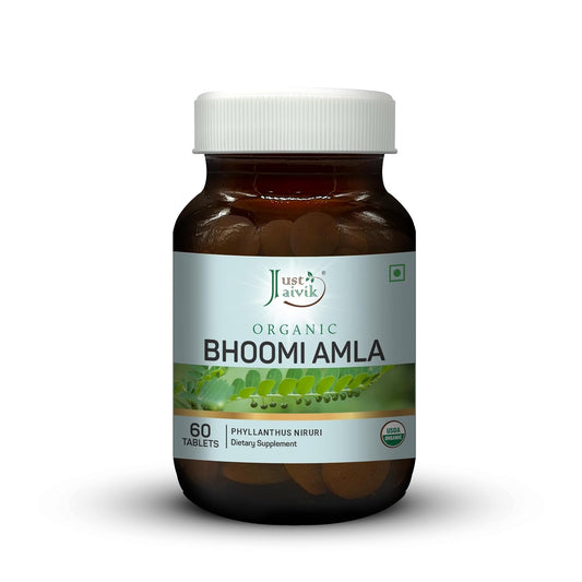 Just Jaivik Organic Bhoomi Amla Tablets - Pure Phyllanthus Niruri Herbal Supplement - 600mg, 60 Counts - USDA Certified Organic, Non-GMO & Vegan - Traditional Ayurvedic Herb