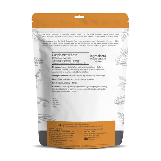Just Jaivik Organic Gotu Kola Powder, 1/2 Pound - 227g USDA Organic - Centella Asiatica - Ayurvedic Herb for The Brain & Nervous System Also Known as Mandupakarni and Brahmi Powder