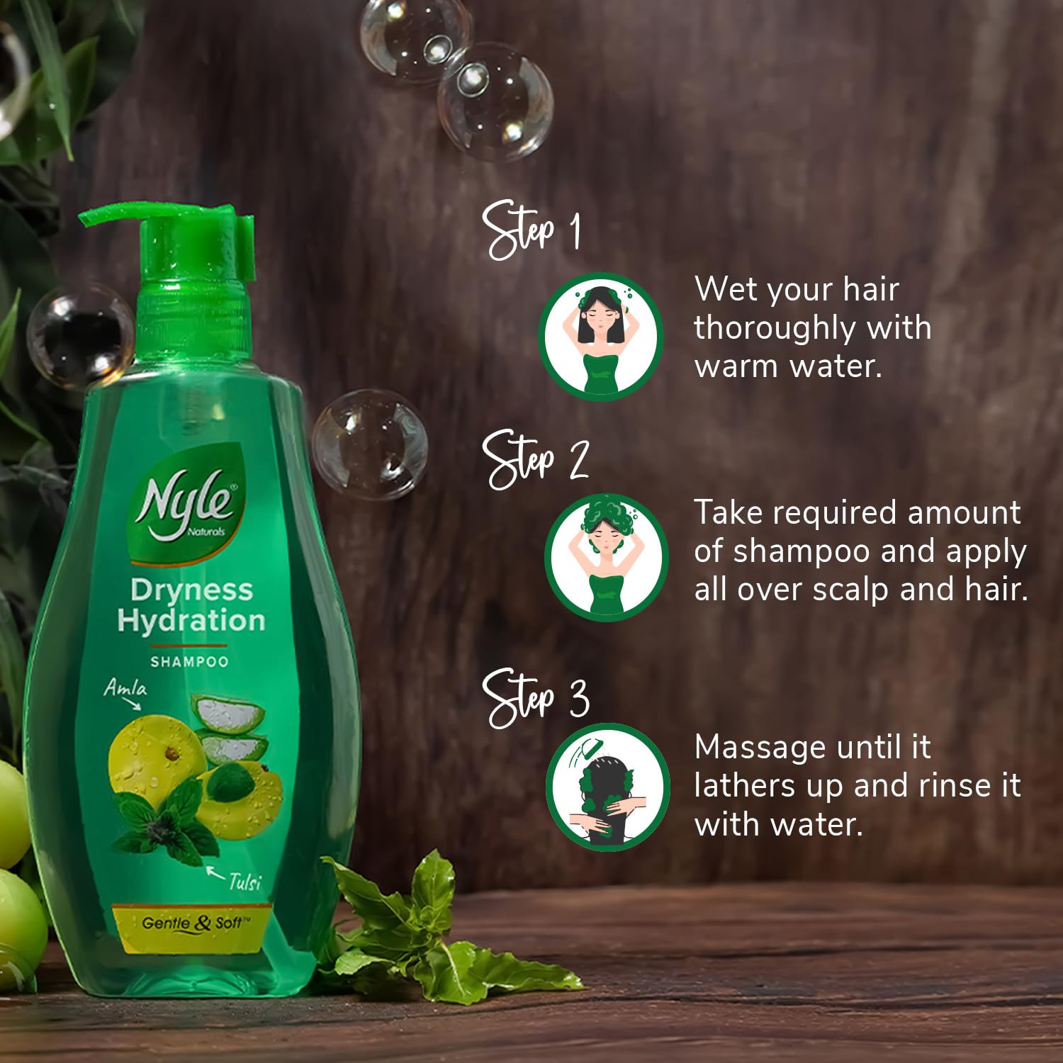 Nyle Naturals Dryness Hydration Shampoo, with Tulsi, Amla and Aloe Vera, Gentle & Soft Shampoo, pH Balanced and Paraben Free, For Men & Women, 1L
