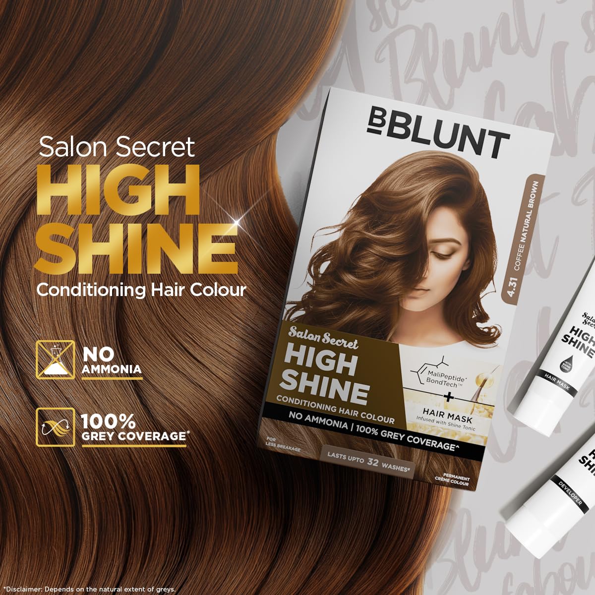 BBLUNT Salon Secret High Shine Conditioning Hair Colour With MaliPeptide BondTech™ to reduce breakage | Coffee Natural Brown 4.31 | No Ammonia 100%, Grey Coverage | Long Lasting Colour | Salon at home