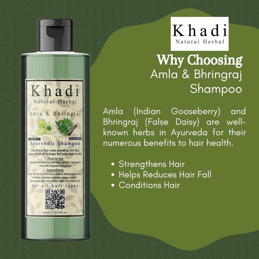 Khadi Natural Herbal Amla And Bhringraj Shampoo | Anti Hair Fall & Anti Dandruff Shampoo | Enriched With 9 Herbal Extracts | Nourishes & Strengthen Hair | Suitable For All Hair Types | Paraben & Sls Free Hair Cleanser For Women & Men 200ml