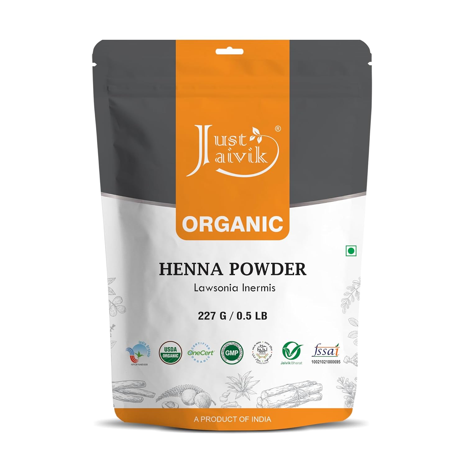 Just Jaivik Organic USDA Certified Henna Powder For Hair Certified by OneCert Asia for USDA Organic Standard 227 Gms / 0.5 LB/ 8 Oz, Natural, No chemical or additive
