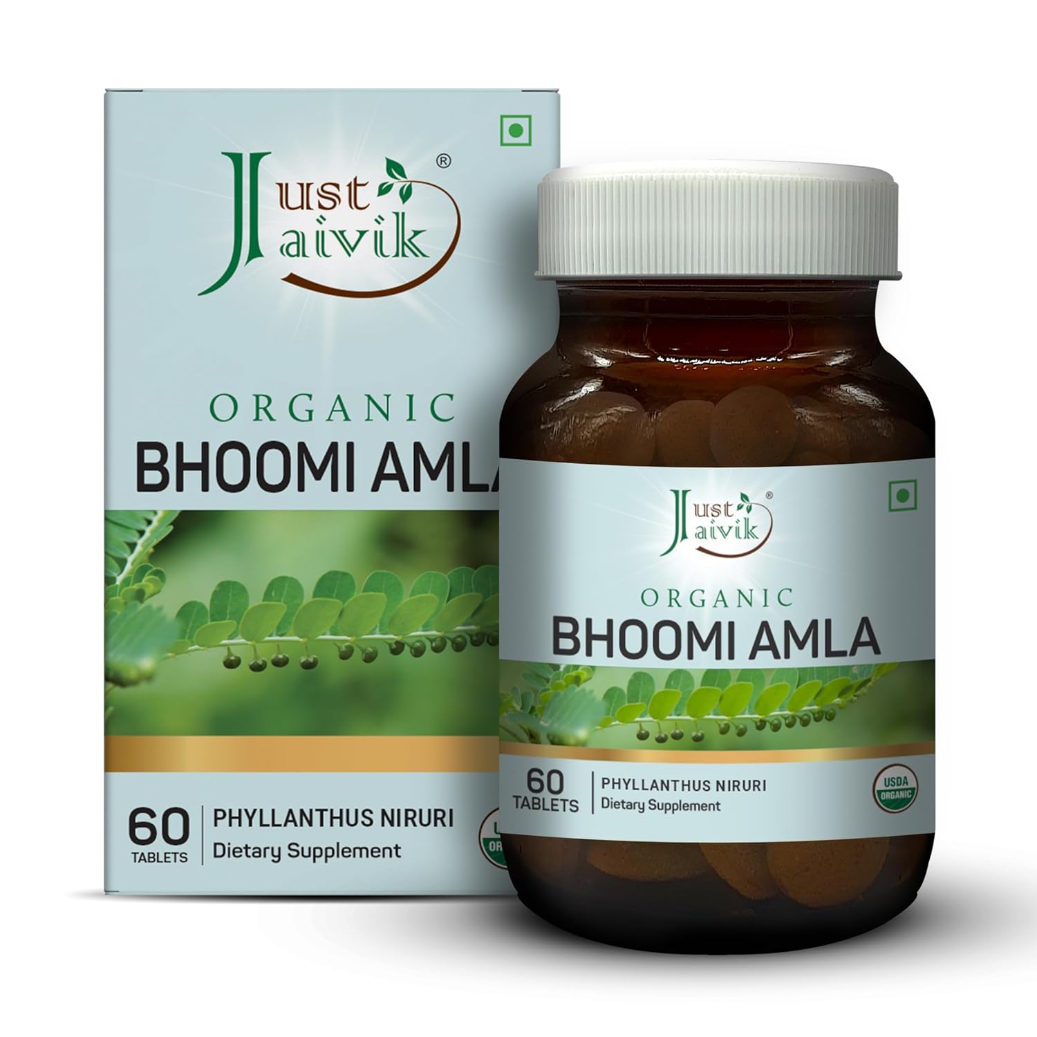 Just Jaivik Organic Bhoomi Amla Tablets - Pure Phyllanthus Niruri Herbal Supplement - 600mg, 60 Counts - USDA Certified Organic, Non-GMO & Vegan - Traditional Ayurvedic Herb