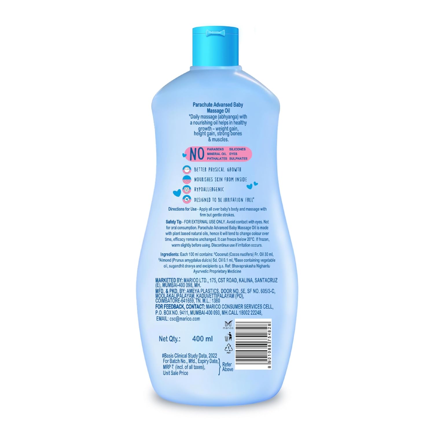 Parachute Advansed Baby Massage Oil for New Born| 100% Virgin Coconut Oil | Clinically Proven for Better Growth| Vitamin E & F| 400 Ml