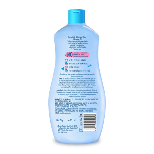 Parachute Advansed Baby Massage Oil for New Born| 100% Virgin Coconut Oil | Clinically Proven for Better Growth| Vitamin E & F| 400 Ml