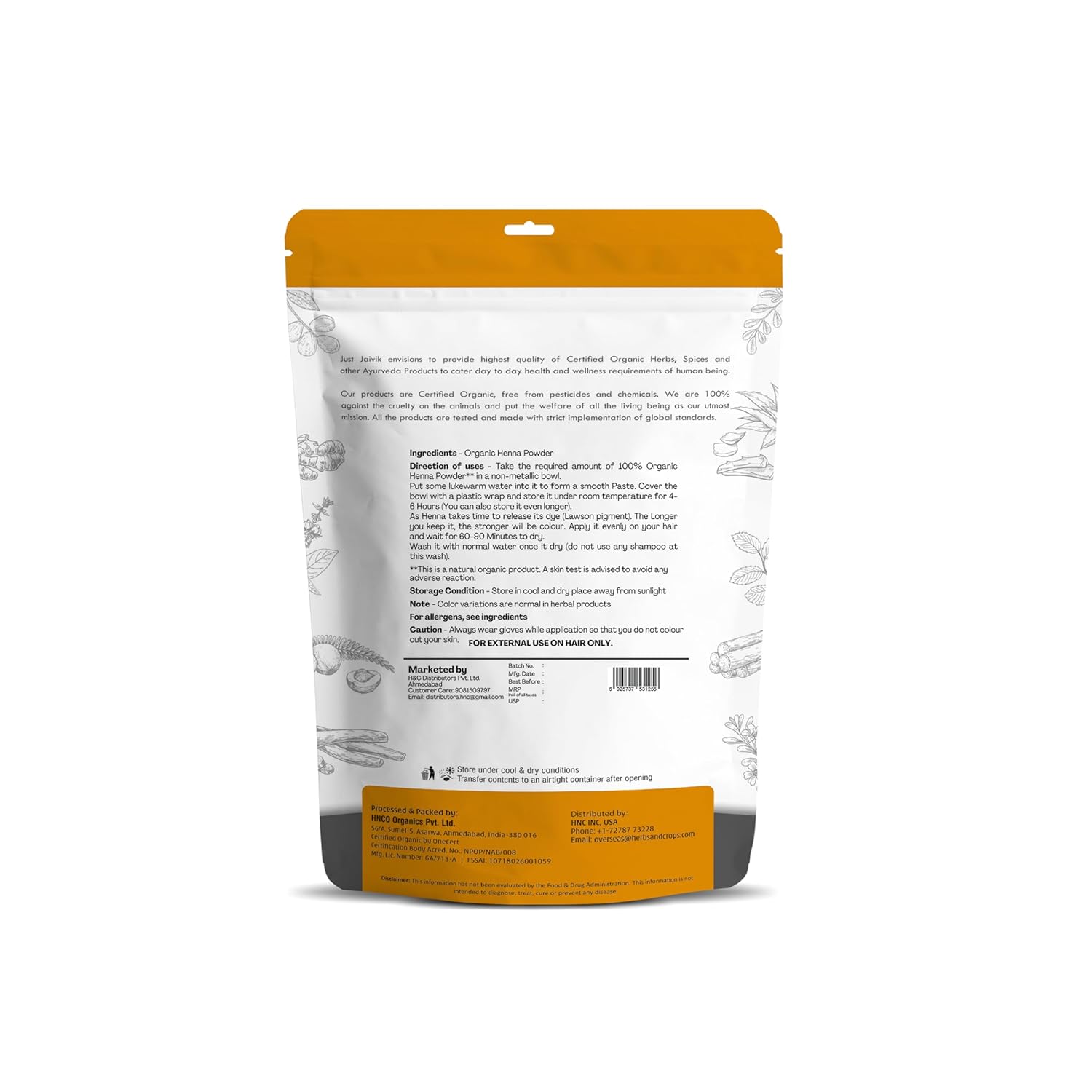 Just Jaivik Organic USDA Certified Henna Powder For Hair Certified by OneCert Asia for USDA Organic Standard 227 Gms / 0.5 LB/ 8 Oz, Natural, No chemical or additive