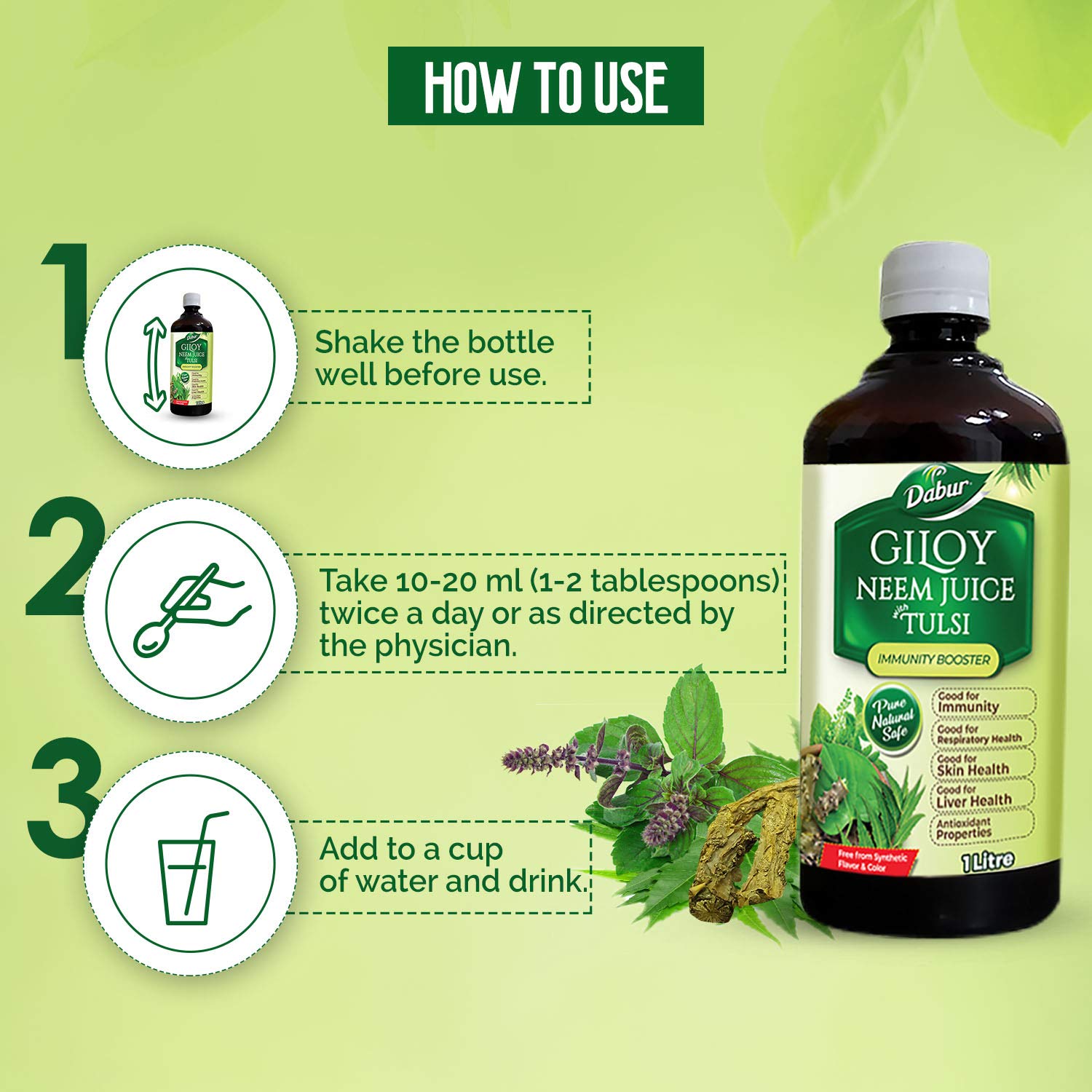 Dabur Giloy Neem Tulsi Juice: Benefit of 3-in-1 Immunity Boosters with the power of Giloy, Neem and Tulsi|Pure, Natural and 100% Ayurvedic Juice -1L