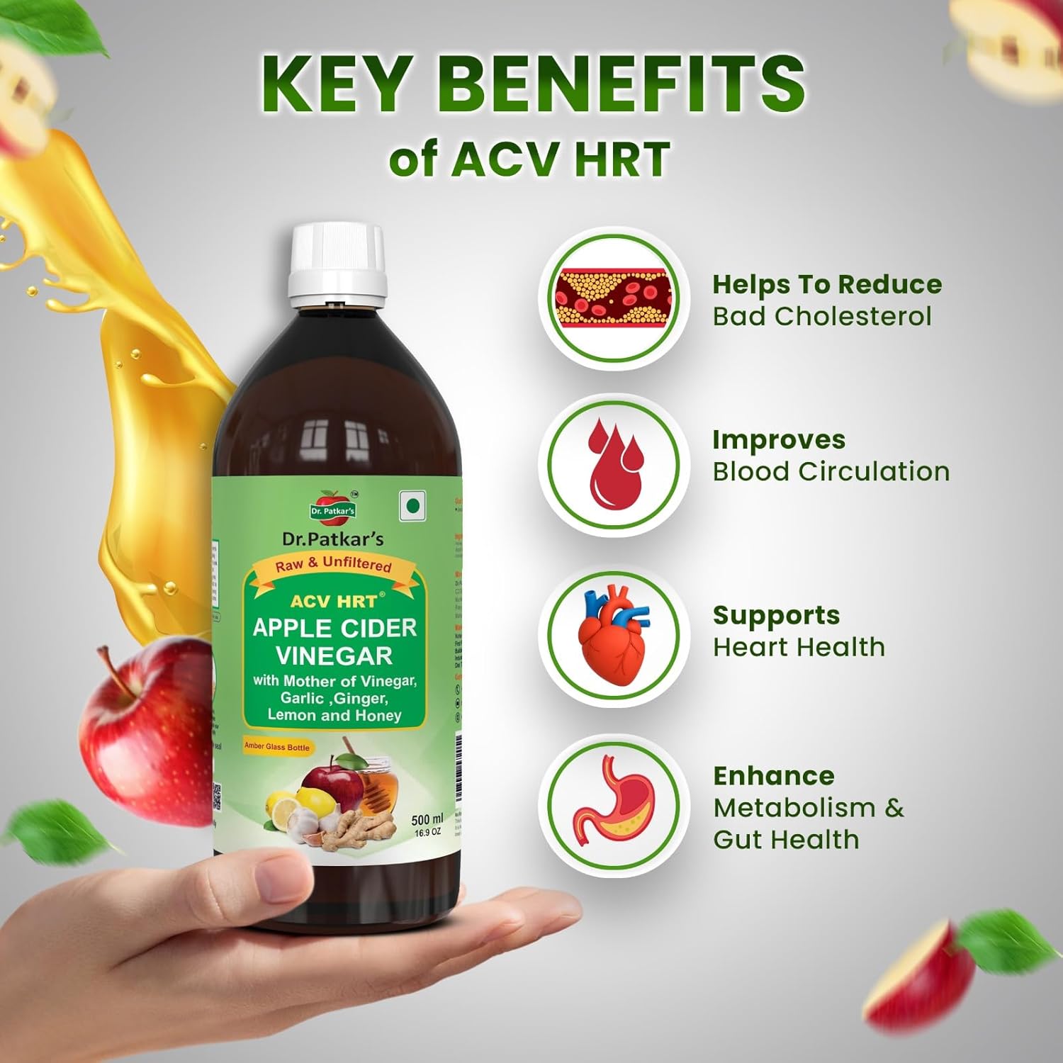 Dr. Patkar's - Apple Cider Vinegar with Ginger, Garlic, Lemon, & Honey| Amber Glass Bottle | (500ml) | Raw & Unfiltered for Support Heart Health, Weight, Immunity & Digestion Management