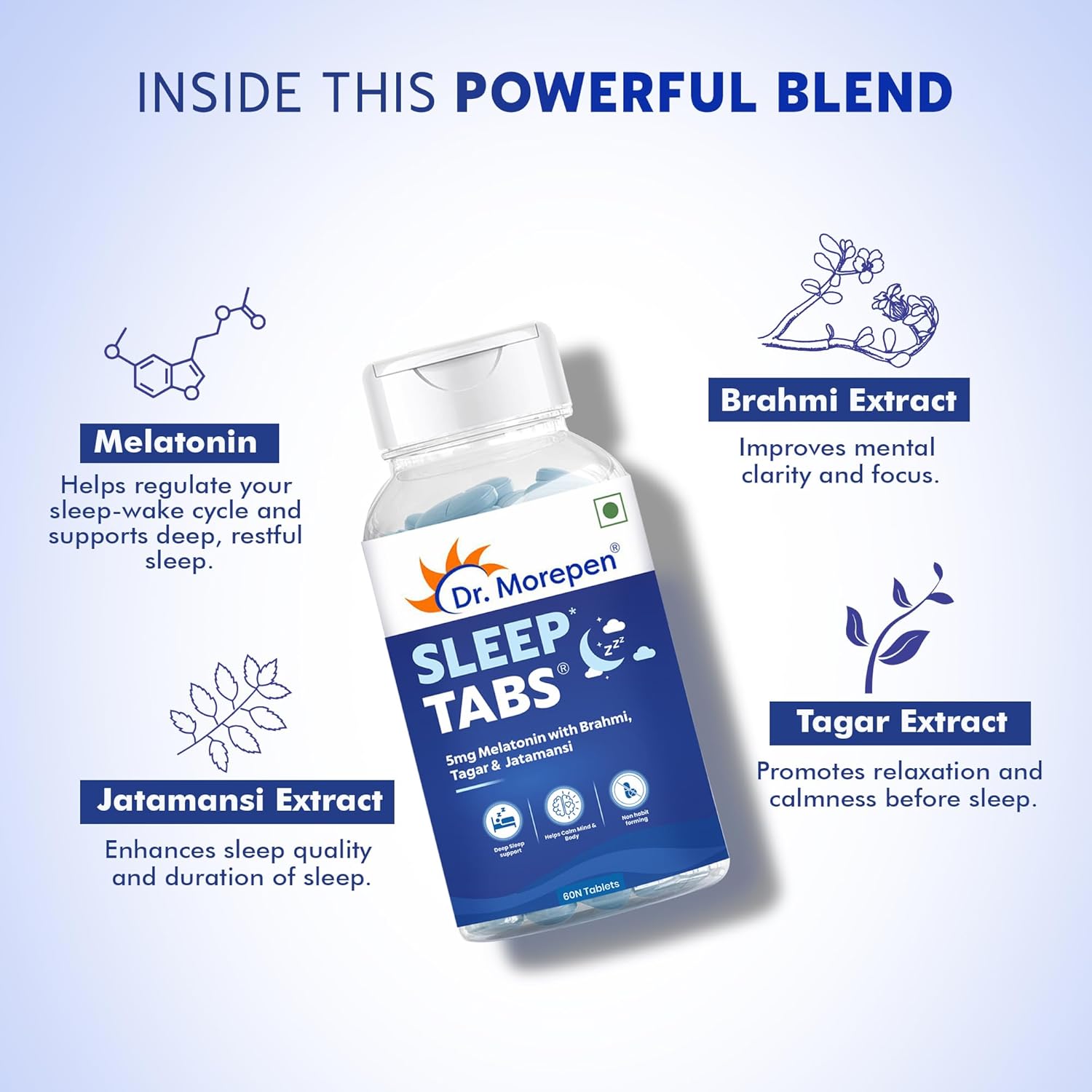 DR. MOREPEN Sleep Tabs with Jatamansi, tagar, Ashwagandha | Non- addictive and Natural For Men and Women - (60 Veg Tablets)