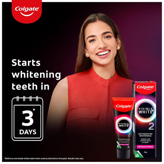 Colgate Visible White O2, Teeth Whitening Toothpaste (25g) for noticeably whiter teeth starting in 3 days with Active Technology, Enamel Safe Teeth Whitening & Fresh Breath(pack of 2)