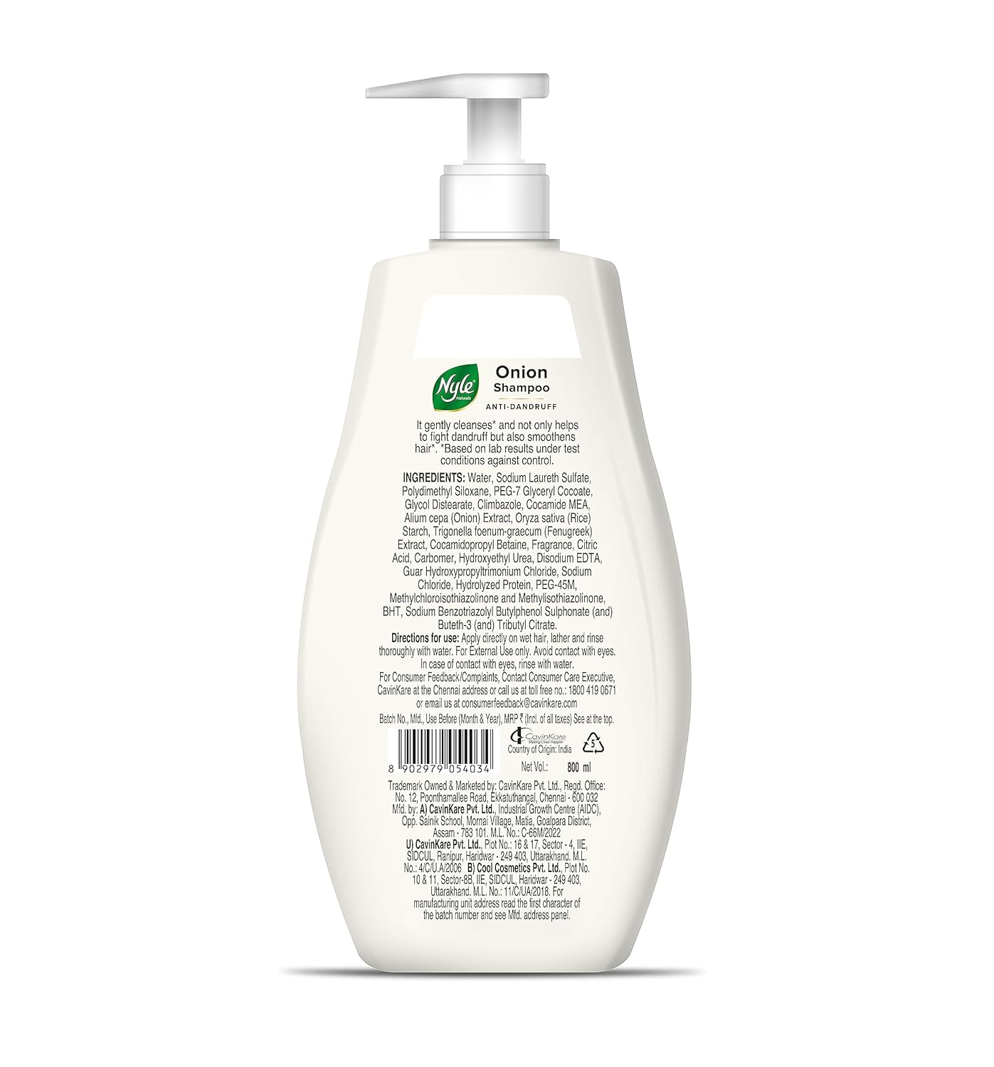 Nyle Naturals Onion Anti-Dandruff Shampoo, With Onion and Fenugreek, Gentle & Soft Shampoo, pH Balanced and Paraben Free, For Men and Women, 800ml