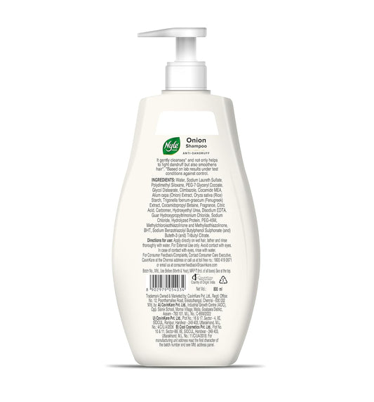 Nyle Naturals Onion Anti-Dandruff Shampoo, With Onion and Fenugreek, Gentle & Soft Shampoo, pH Balanced and Paraben Free, For Men and Women, 800ml
