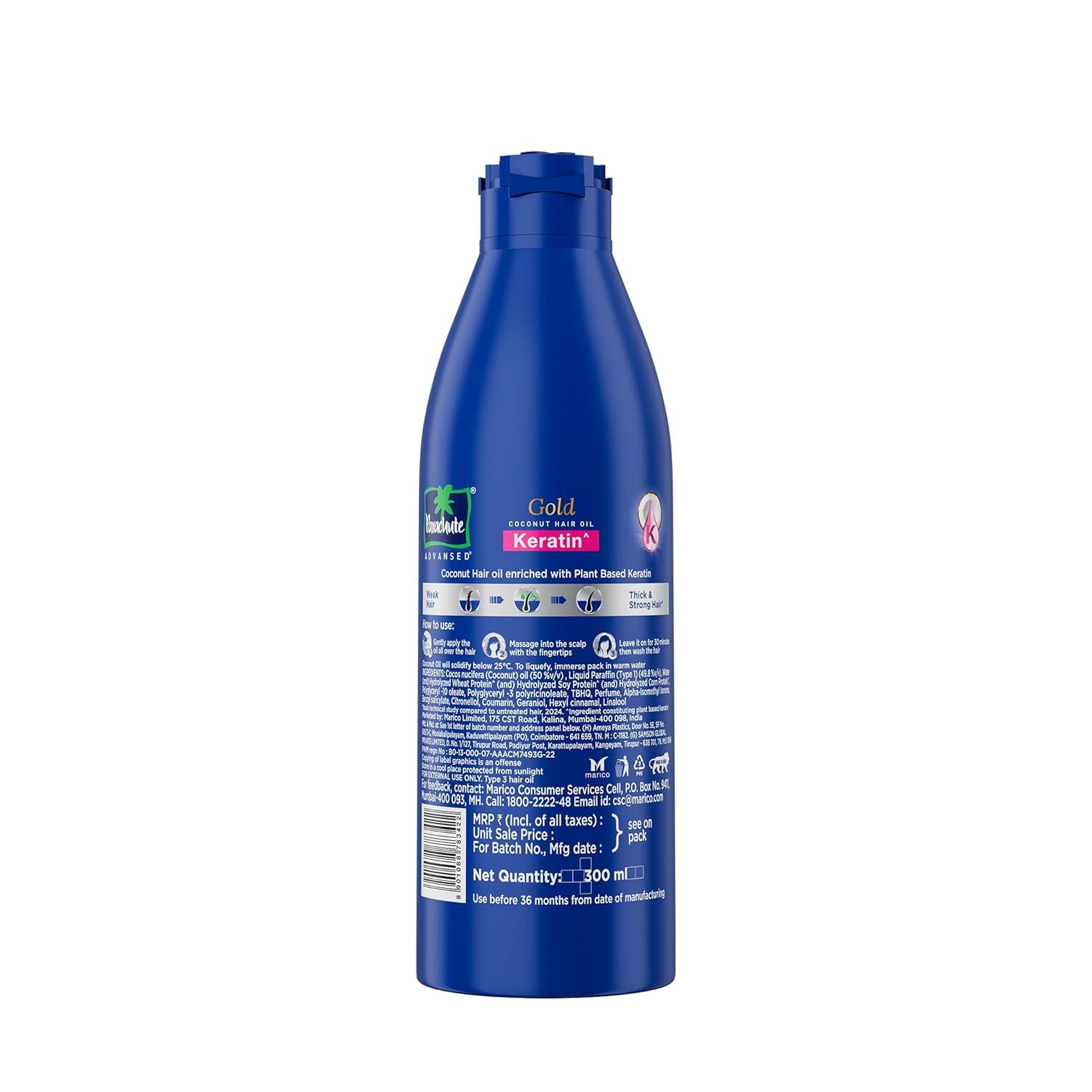 Parachute Advansed Gold Keratin Coconut Hair Oil | Thick & Smooth Hair| No Paraben or Silicone | 300ml