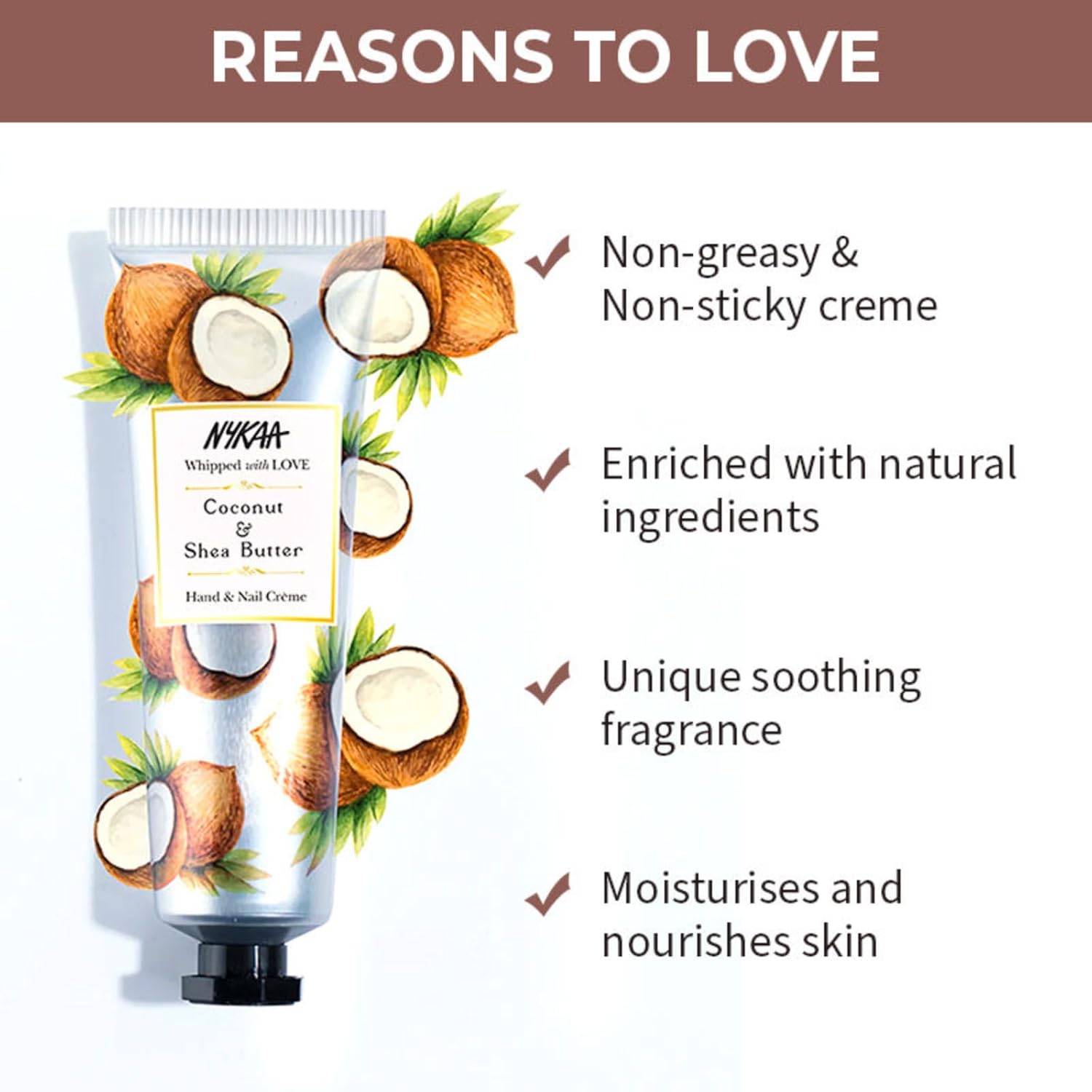 Nykaa Naturals Coconut & Shea Butter Hand & Nail Creme, 30ml| With Avocado, Almond Oil, Jojoba Oil & Hyaluronic Acid|