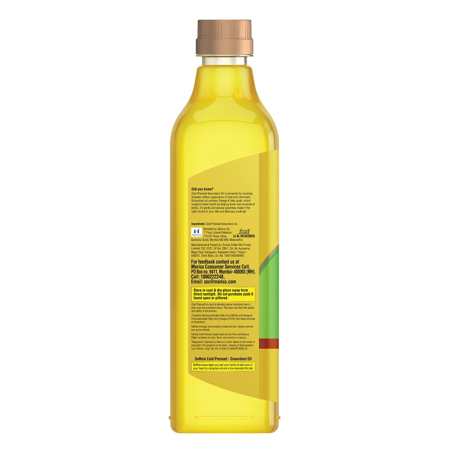 Saffola Cold Pressed Groundnut Oil | 100% Cold Pressed Groundnut Oil | Unrefined, 0 trans fat, Chemical free | Helps Lower Cholesterol, Goodness of Omega 6 & Authentic Seed Flavour | 1L Pet Bottle