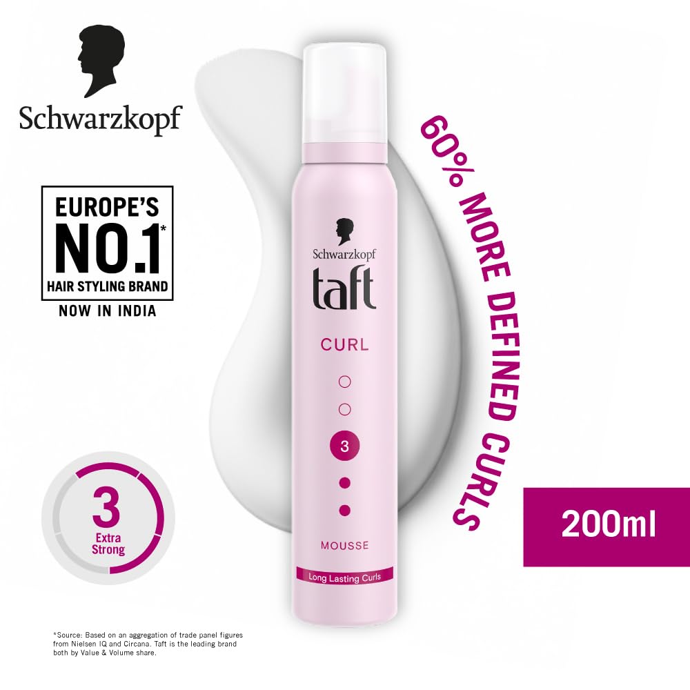 TAFT Schwarzkopf Curl Hold 3 Hair Mousse, For Long Lasting Curls, Weather-Proof Formula With No Stickiness, Heat Protection And Shine, Silicone Free, Lightweight Styler To Controls Frizz, 200Ml