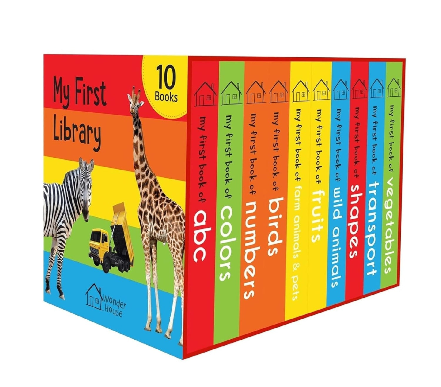 My First Library: Boxset of 10 Board Books for Kids (Pack 1) | Includes ABC, Numbers, Shapes, Colors, Wild Animals, Farm Animals & Pets, Birds, Fruits, Vegetables & Transport  Hardcover Book