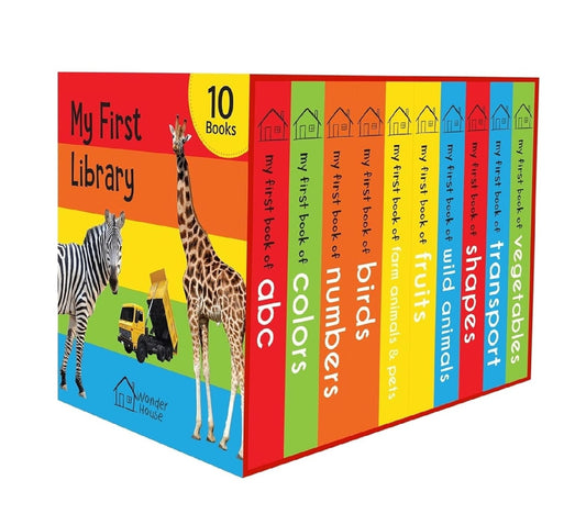 My First Library: Boxset of 10 Board Books for Kids (Pack 1) | Includes ABC, Numbers, Shapes, Colors, Wild Animals, Farm Animals & Pets, Birds, Fruits, Vegetables & Transport  Hardcover Book