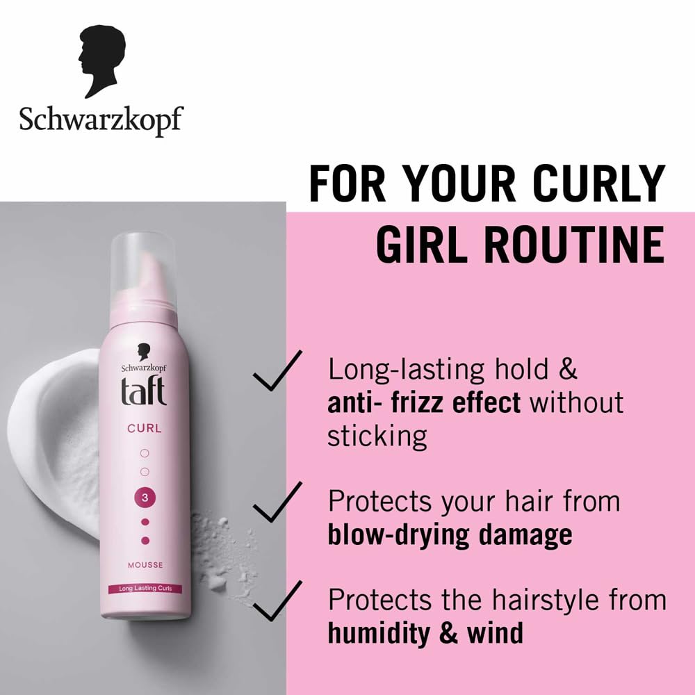 TAFT Schwarzkopf Curl Hold 3 Hair Mousse, For Long Lasting Curls, Weather-Proof Formula With No Stickiness, Heat Protection And Shine, Silicone Free, Lightweight Styler To Controls Frizz, 200Ml