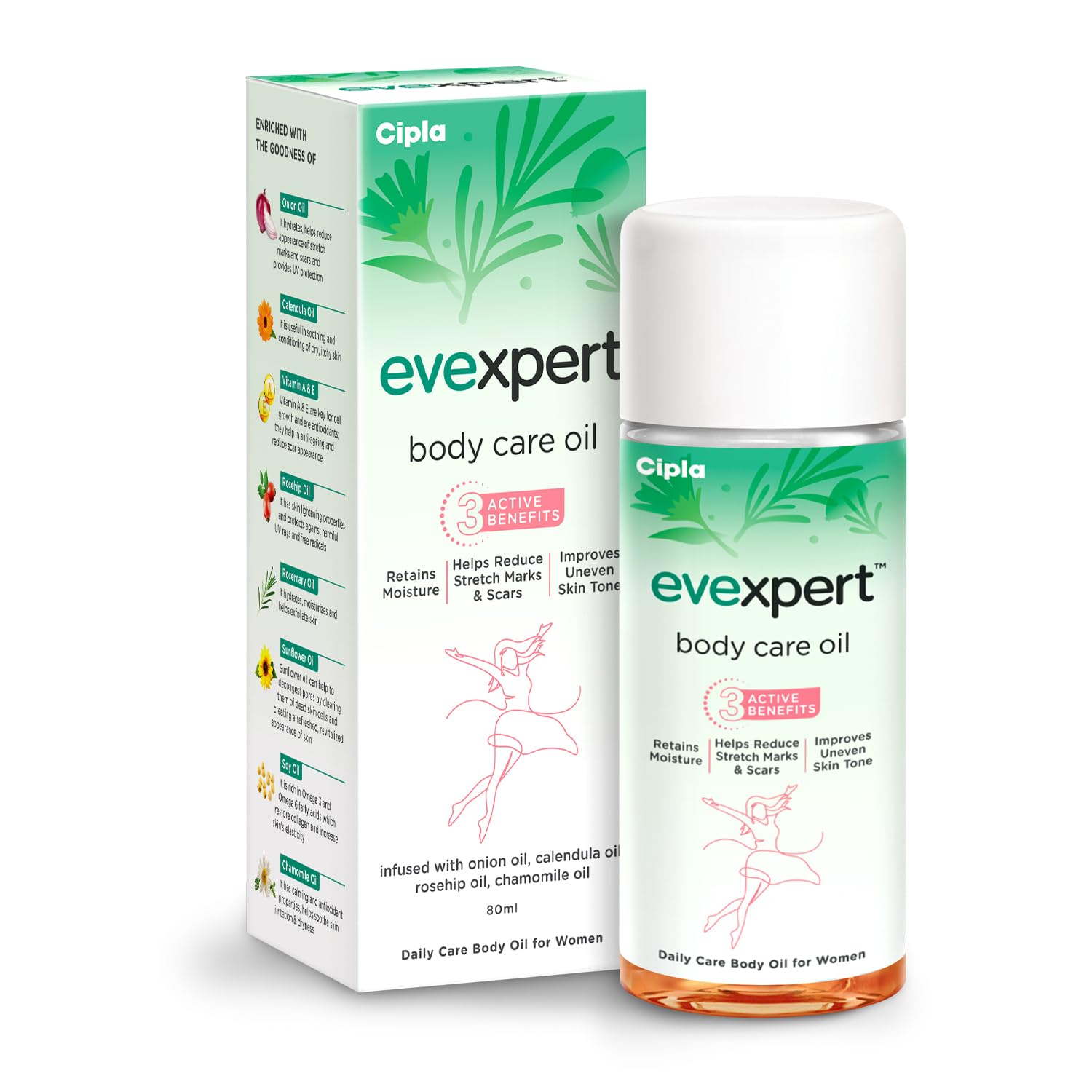 Cipla Evexpert Body Care Oil 80ml, Stretch Marks and Scars Reduction, Retains Moisture | Improves Skin Tone | Infused with natural oils