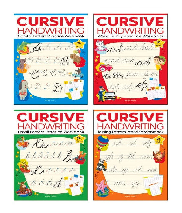 Cursive Handwriting Practice Workbooks (Set of 4): Small Letters, Capital Letters, Joining Letters & Word Families | Level 1 |  Paperback