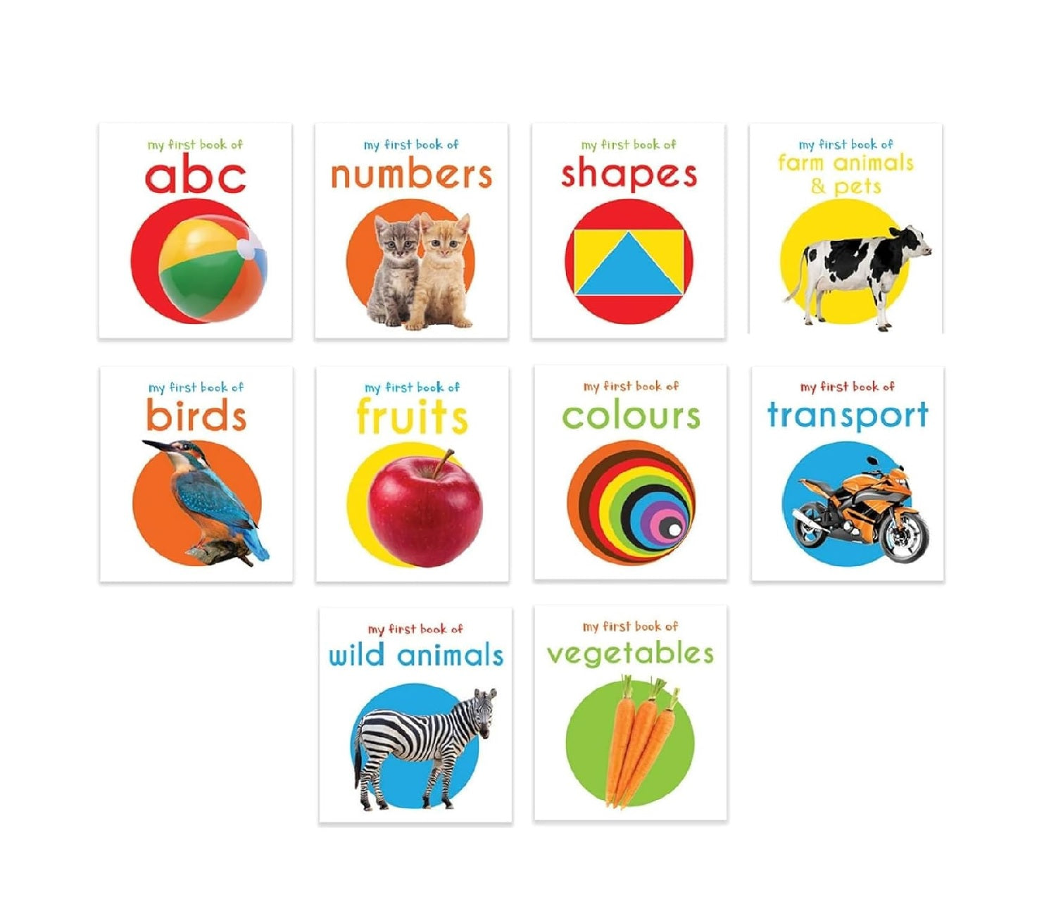 My First Library: Boxset of 10 Board Books for Kids (Pack 1) | Includes ABC, Numbers, Shapes, Colors, Wild Animals, Farm Animals & Pets, Birds, Fruits, Vegetables & Transport  Hardcover Book