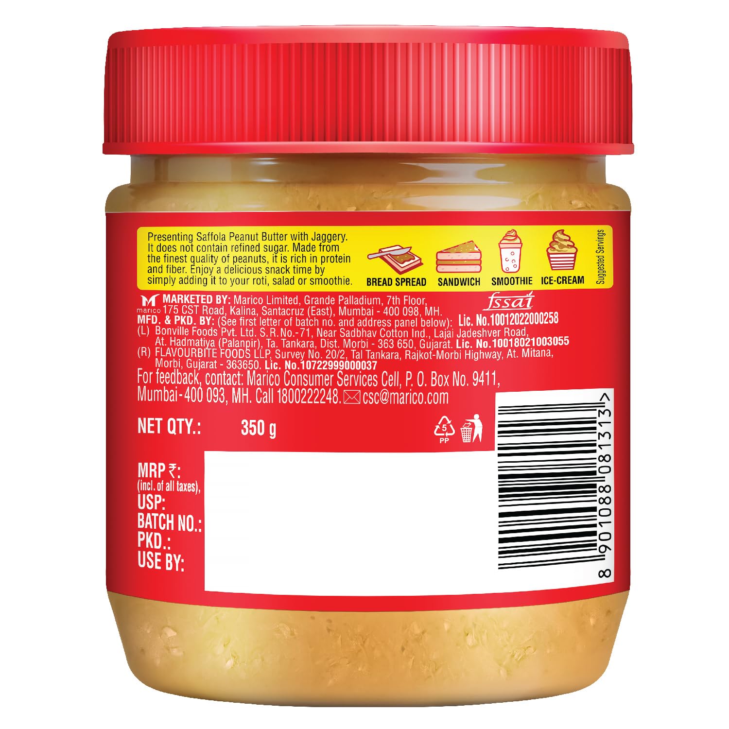 Saffola Peanut Butter with Jaggery, Crunchy 350 gm | High Protein Peanut Butter | No Refined Sugar