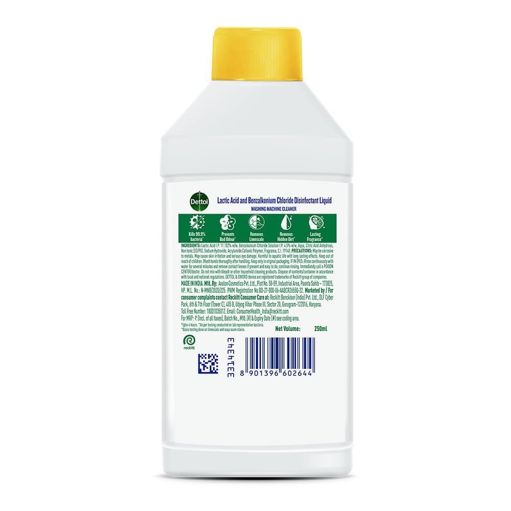 Dettol 5 in 1 Washing Machine Cleaner & Descaling Liquid for top load and front load| Lemon 250ml