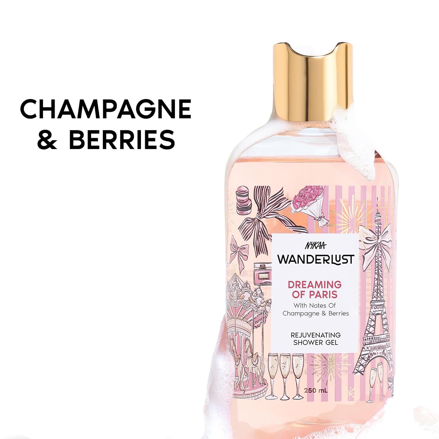 Nykaa Wanderlust Dreaming of Paris Fruity Clensing Shower Gel, Champagne & Berries Fragrance, Vegan, Cruelty-Free, No Parabens, Rejuvenating Body Wash for Women