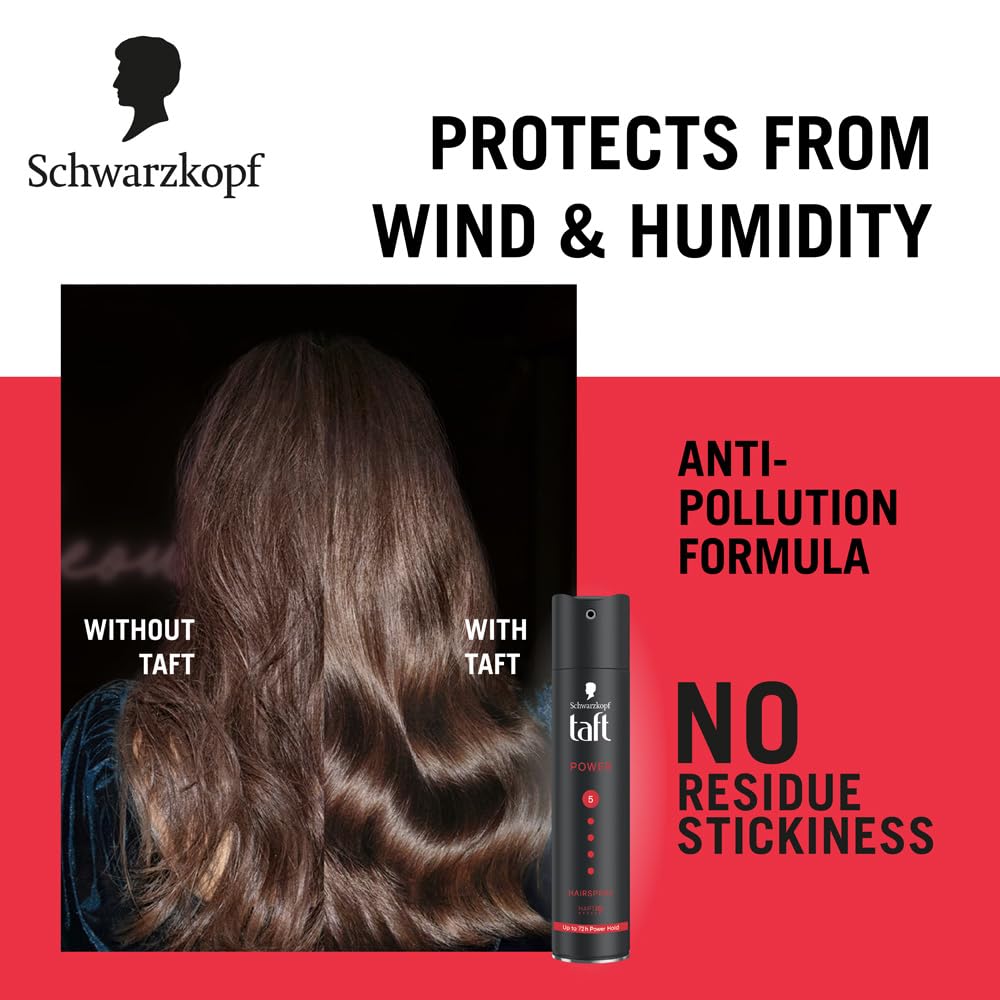 TAFT Schwarzkopf Power Hair Spray With Caffeine Formula For Strengthening Hair Hold 5, 72Hr Hold Protection From UV Rays, Wind And Humidity, No Stickiness, Easy To Brush Out, Salon Like Finish- 250Ml
