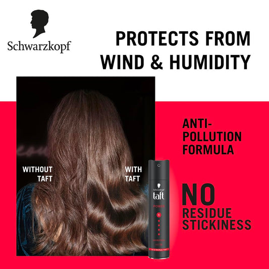TAFT Schwarzkopf Power Hair Spray With Caffeine Formula For Strengthening Hair Hold 5, 72Hr Hold Protection From UV Rays, Wind And Humidity, No Stickiness, Easy To Brush Out, Salon Like Finish- 250Ml
