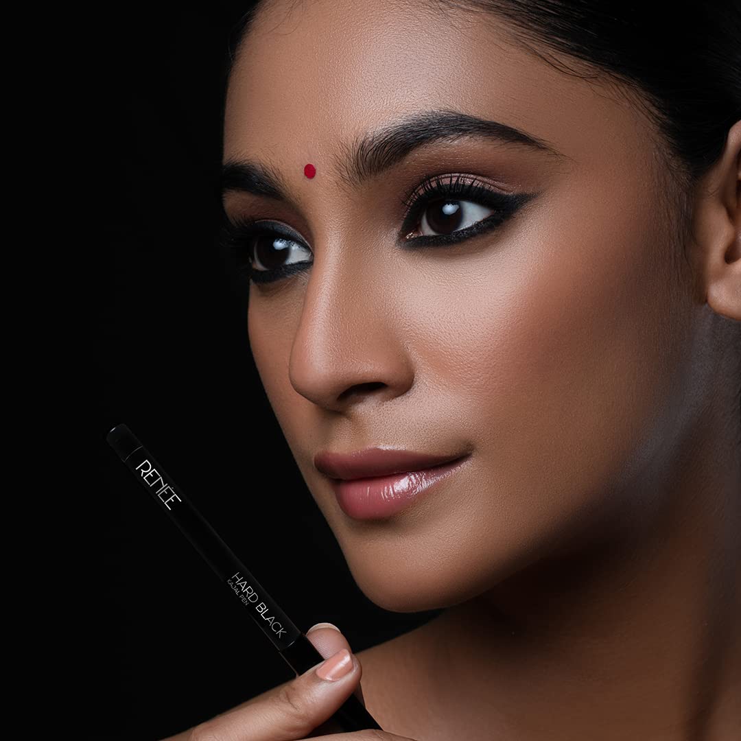 RENEE Hard Black Kajal Pen with Sharpener | 24 Hrs Stay | Long Lasting | Super Black Kajal Pencil | Matte Finish & Rich Color Payoff | Smudge & Water Proof | One Swipe Application Formula | 0.35gm